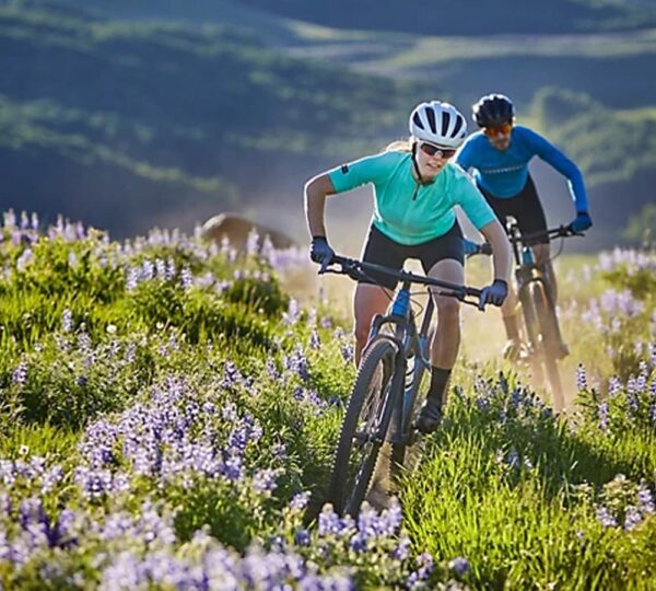 Två mountainbike cyklister på en gröning i bergsmiljö